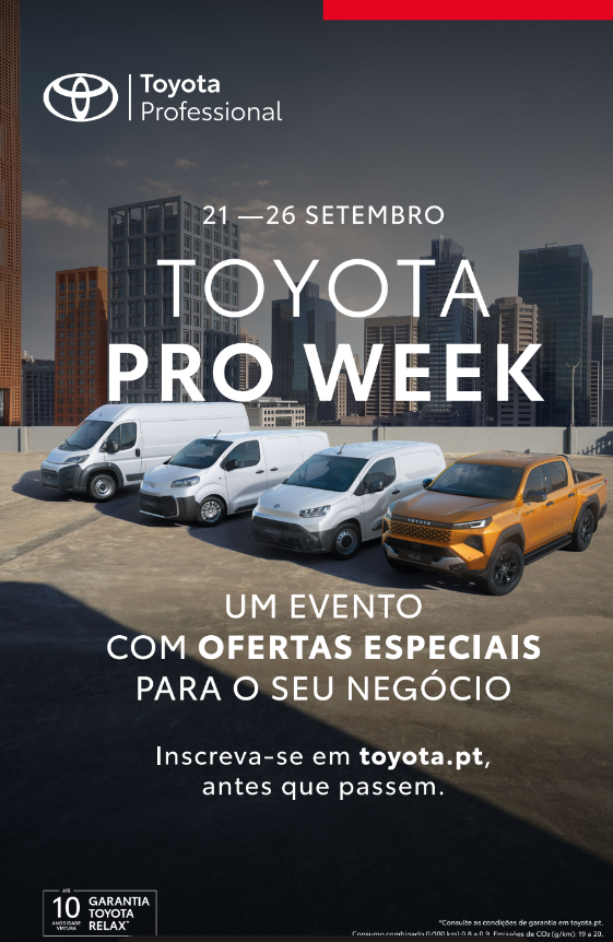 Poster do evento Toyota Pro Week que irá decorrer entre os dias 21 e 26 de setembro. Gama Proace e modelo pick-up Hillux fotografados sobre a paisagem urbana são a imagem principal do poster