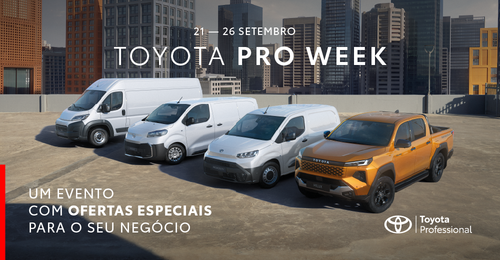 Banner promocional do Toyota Pro Week, evento com soluções de mobilidade eficientes para profissionais e empresas, com a gama Proace e o modelo pick-up Hilux em destaque na imagem