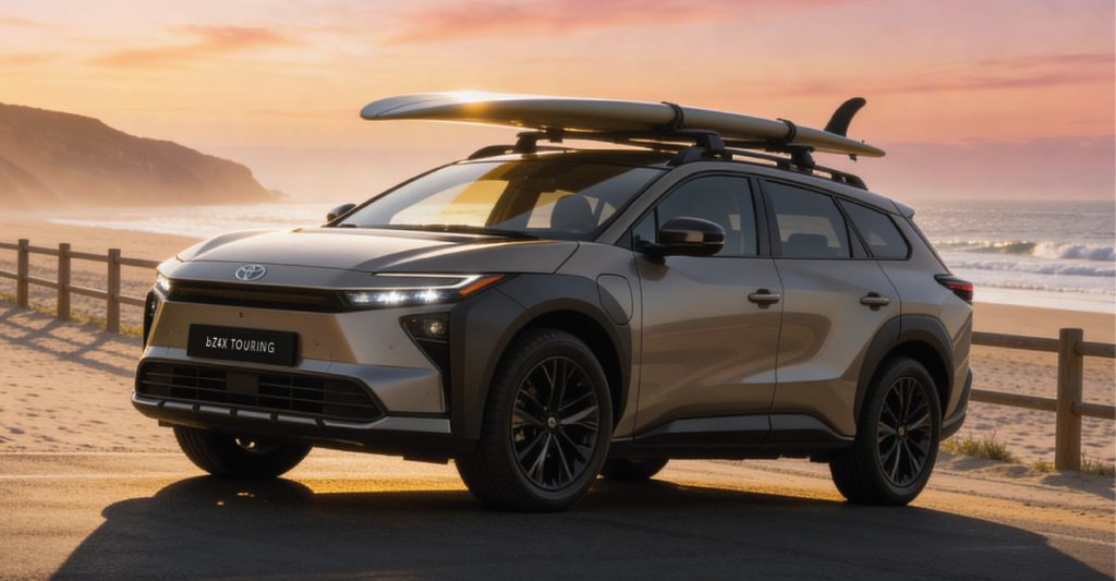 Veículo Toyota bz4X Touring parado numa estrada com uma prancha de surf no tejadilho e o pôr do sol e a praia no fundo