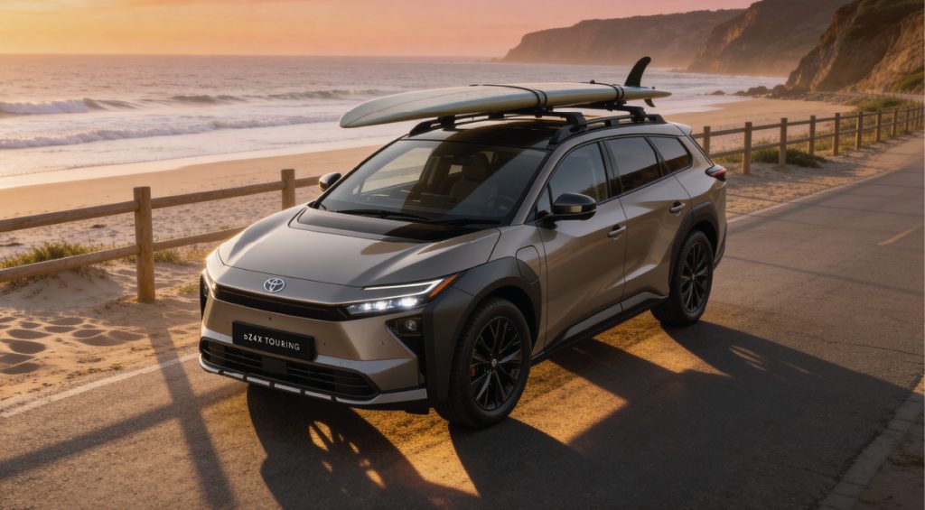 Veículo Toyota bz4X Touring em movimento numa estrada com uma prancha de surf no tejadilho e o pôr do sol e a praia no fundo