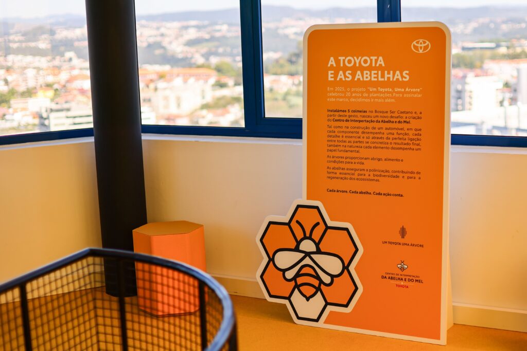 Placa com a história da ligação da Toyota às abelhas e um banco em forma de favo de mel fotografados com as cidades de Vila Nova de Gaia e Porto no fundo