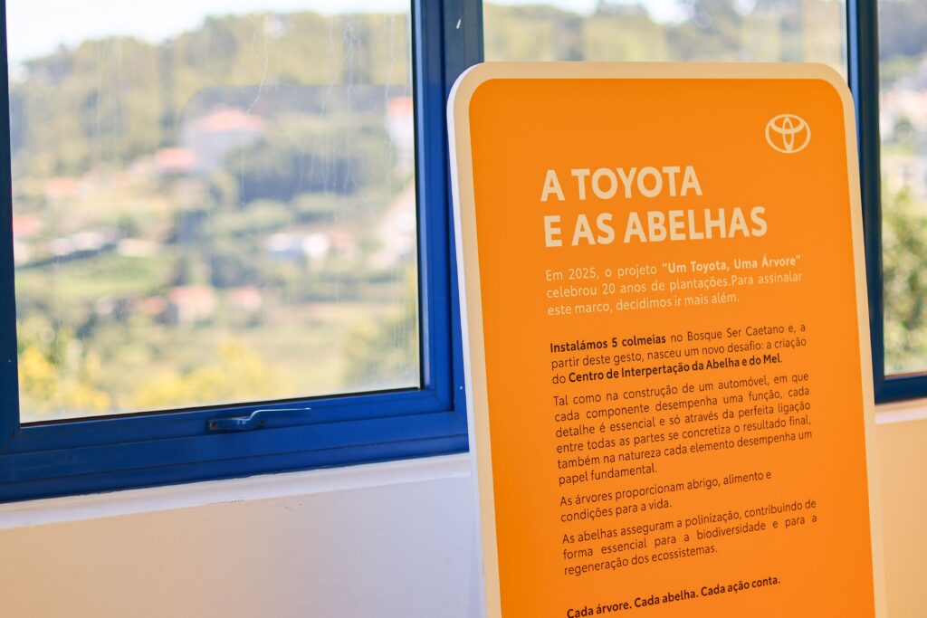 Informação no placar sobre a história da Toyota e as abelhas, nomeadamente sobre o projeto "Um Toyota, uma árvore" em destaque com vegetação vista da janela como fundo